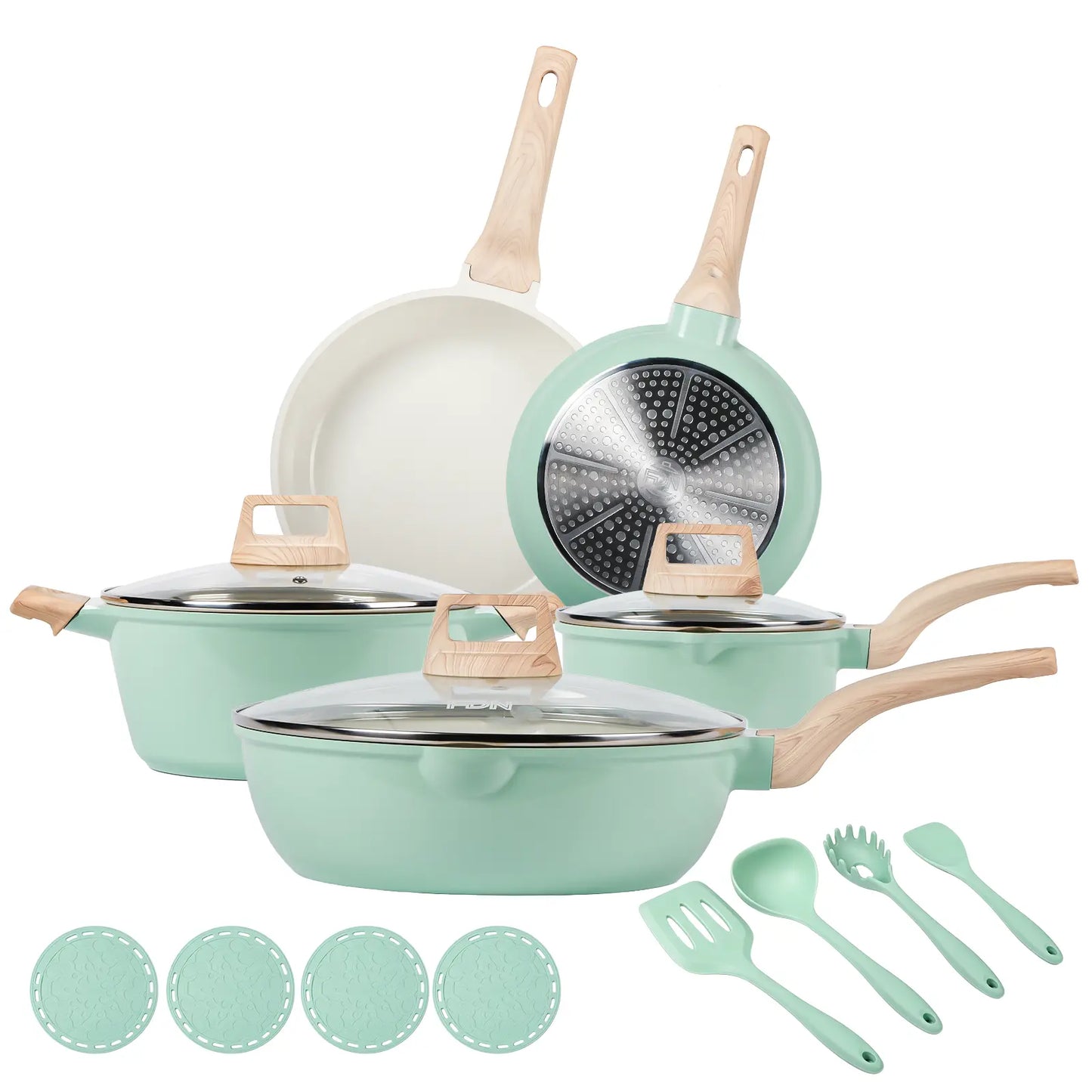 16-Pc Aesthetic Cookware Set - Non-Toxic, PFAS-Free Titanium Ceramic Granite Pots & Pans, Easy-Clean, Oven & Dishwasher Safe, Induction Ready with Fry Pan, Glass Lids & Utensils - Perfect Kitchen Upgrade!