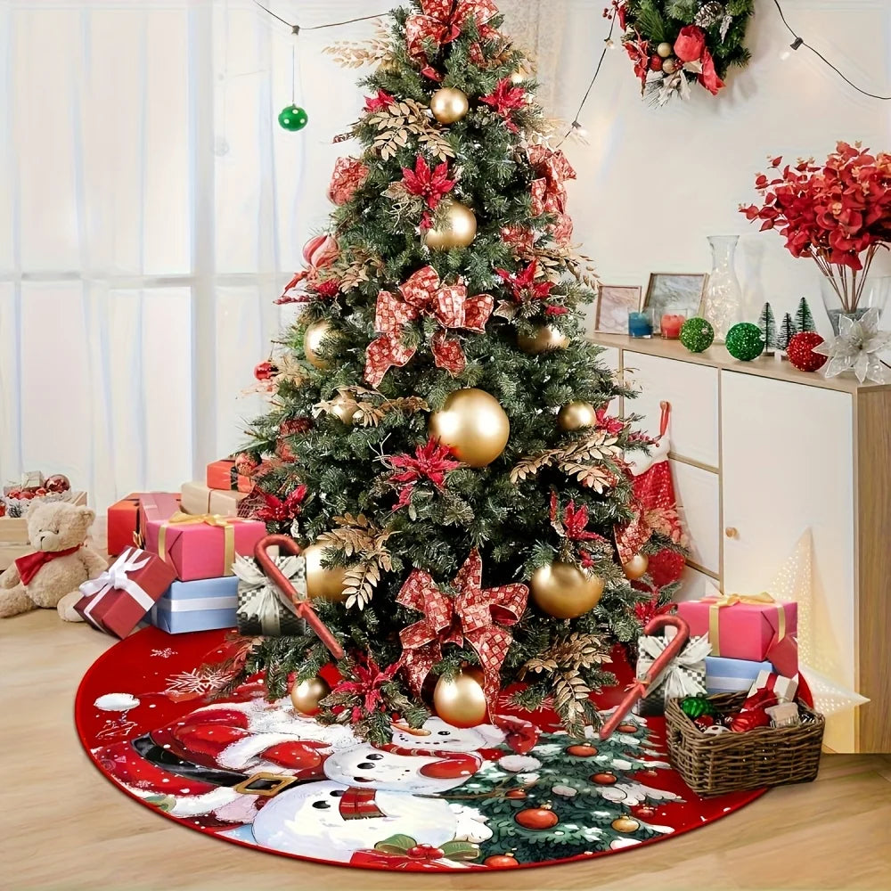Red Christmas Theme Christmas Tree Skirt - Snowflake Santa Print