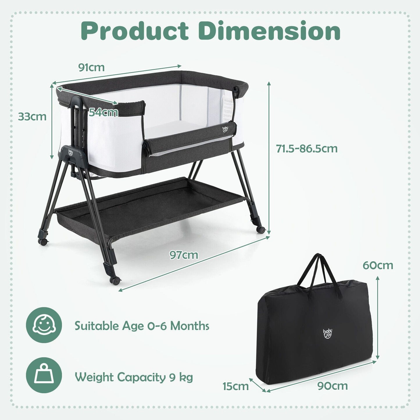 Infant Bedside Crib with Mattress for Newborns up to 9kg