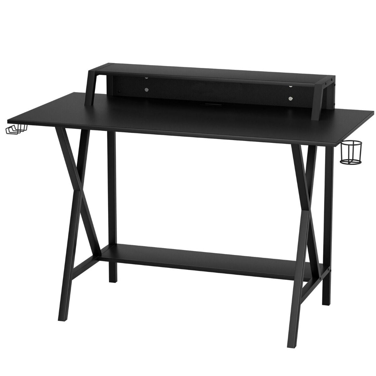 Ergonomic X-Shaped Gaming Desk with Integrated Cup Holder and Monitor Riser