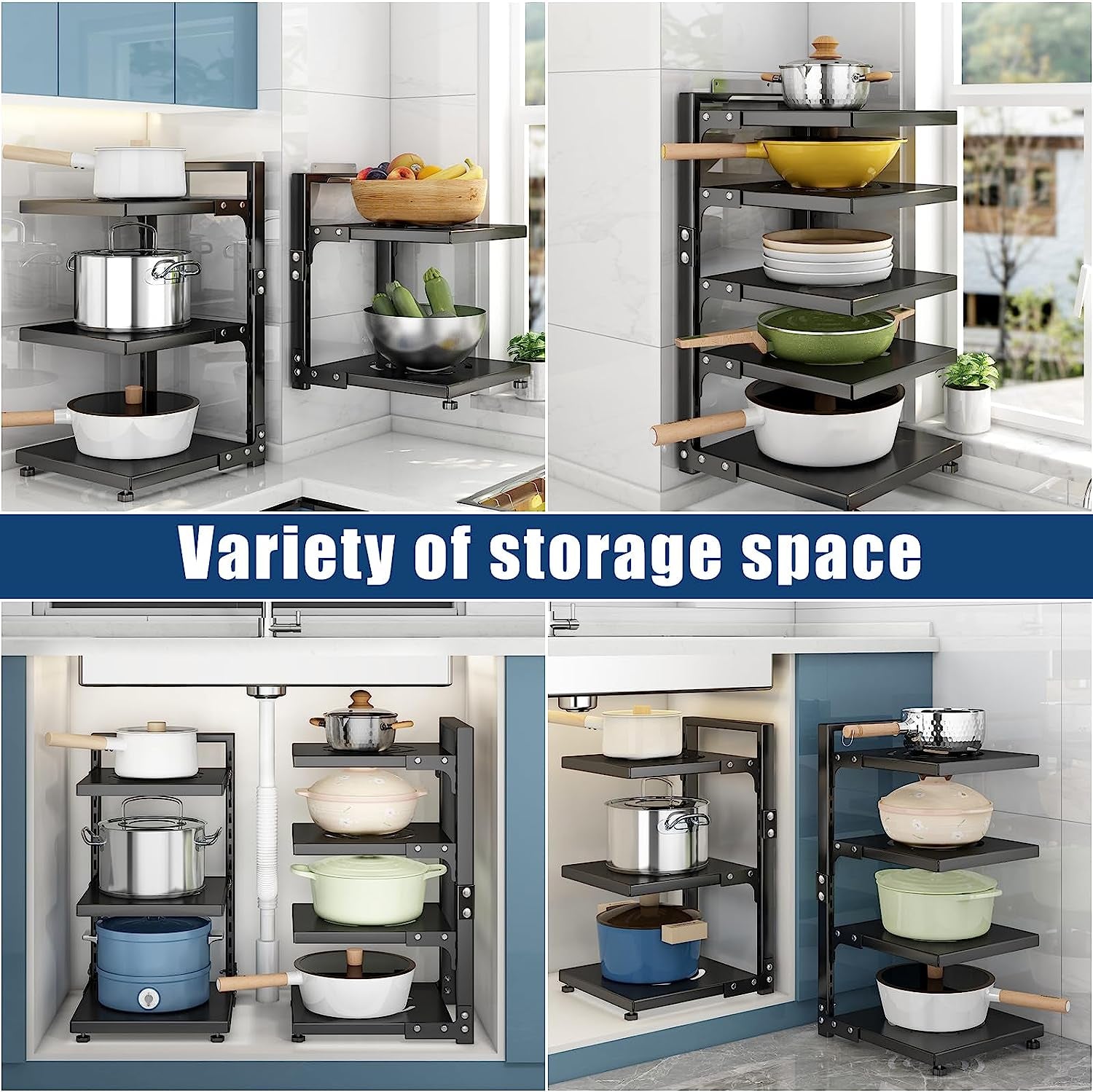 7-Tier Adjustable Heavy-Duty Pan Organizer - Versatile Pot and Pan Rack for Kitchen Counter and Cabinet Storage