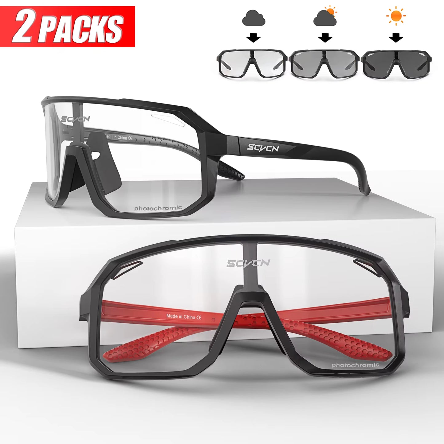 2 Packs Photochromic Riding Cycling Sunglasses Mtb Cycling Glasses Goggles Bicycle Mountain Bike Men'S Women Sport Eyewear