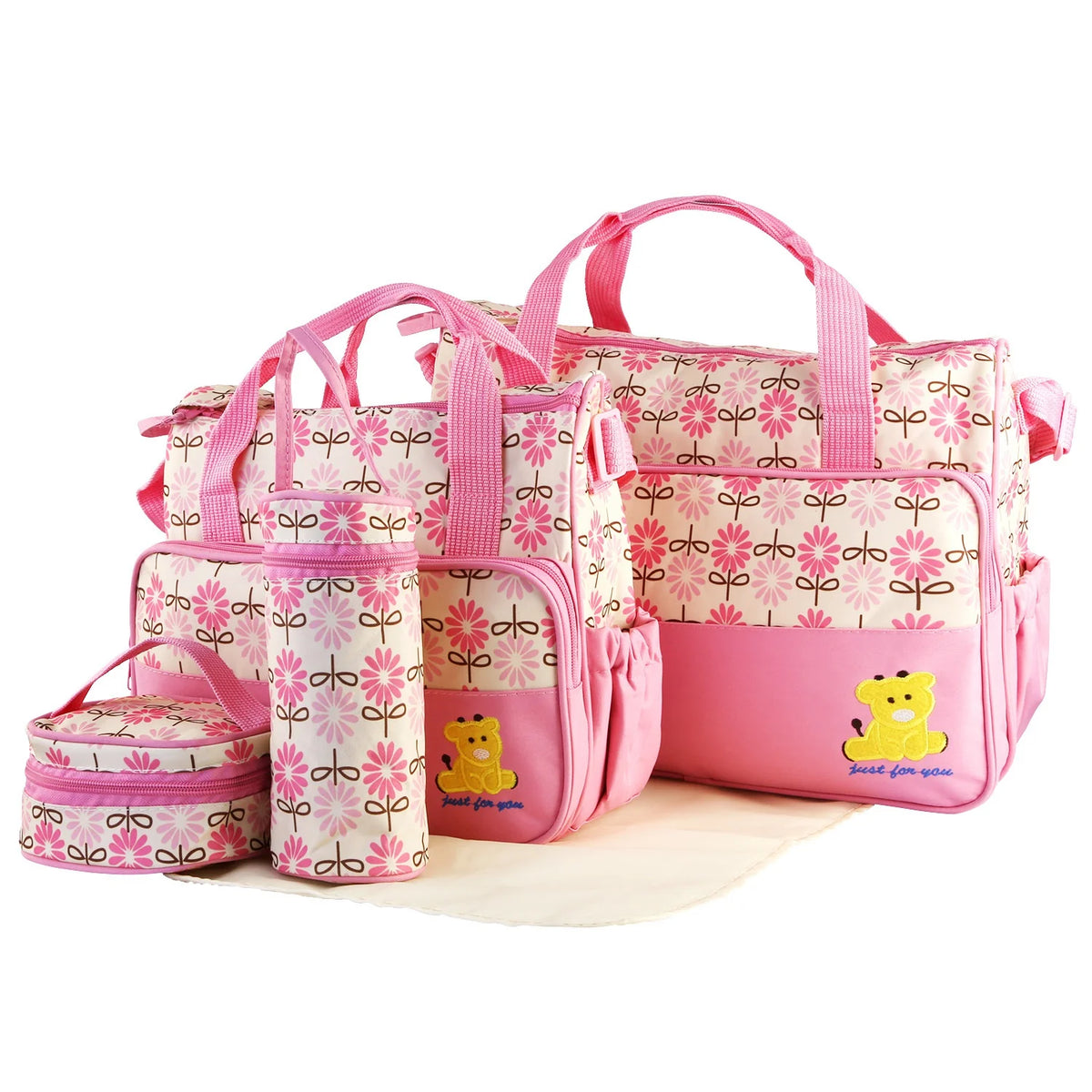 5PCS Baby Diaper Bag Set - Stylish Travel Tote with Changing Pad & Insulated Pockets for Moms & Dads