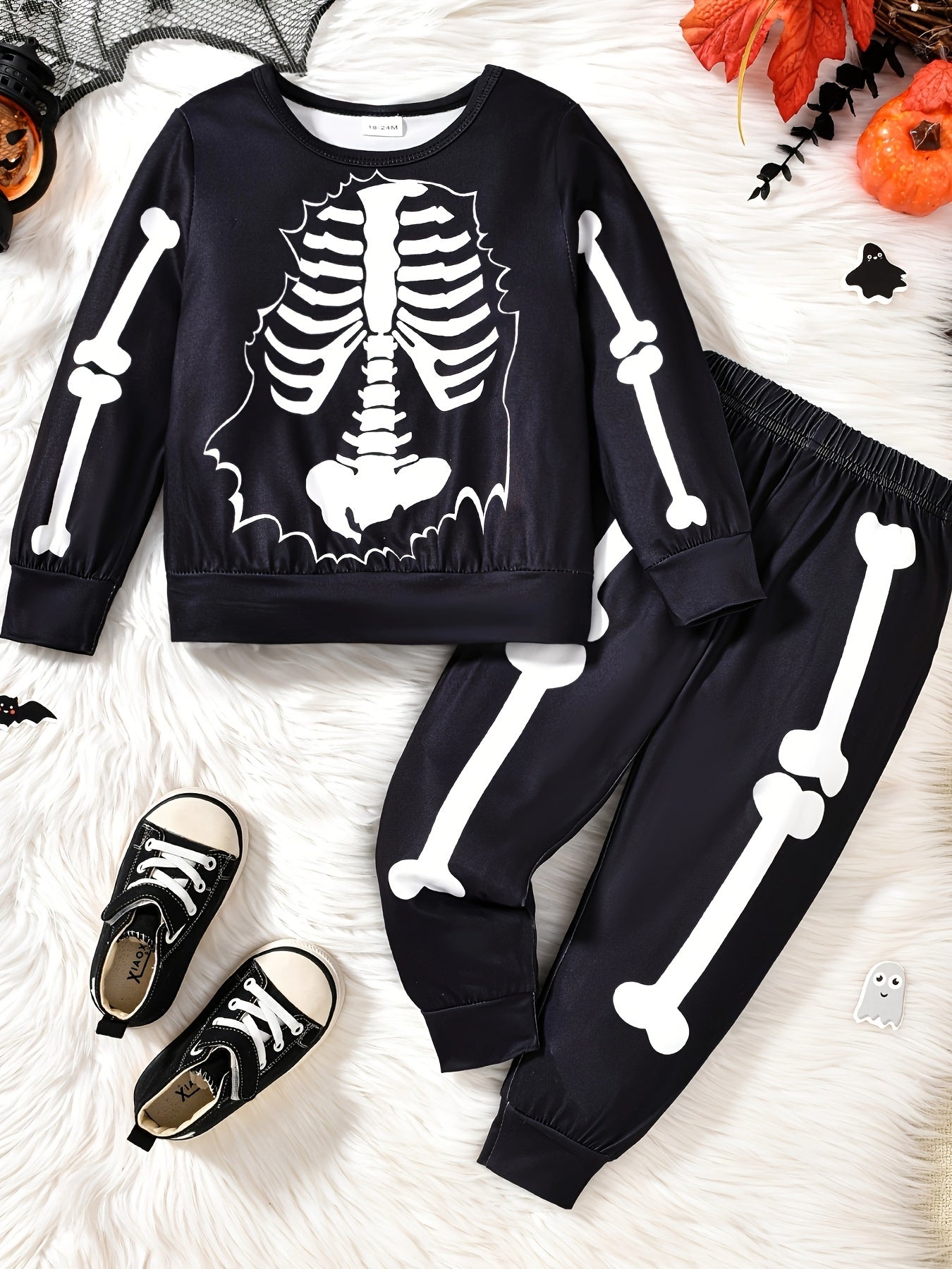 2pcs, Skeleton Pattern Toddler Boy's 2-Piece Sweatshirt & Sweatpants Set, Halloween Casual Outfits for Spring/Fall