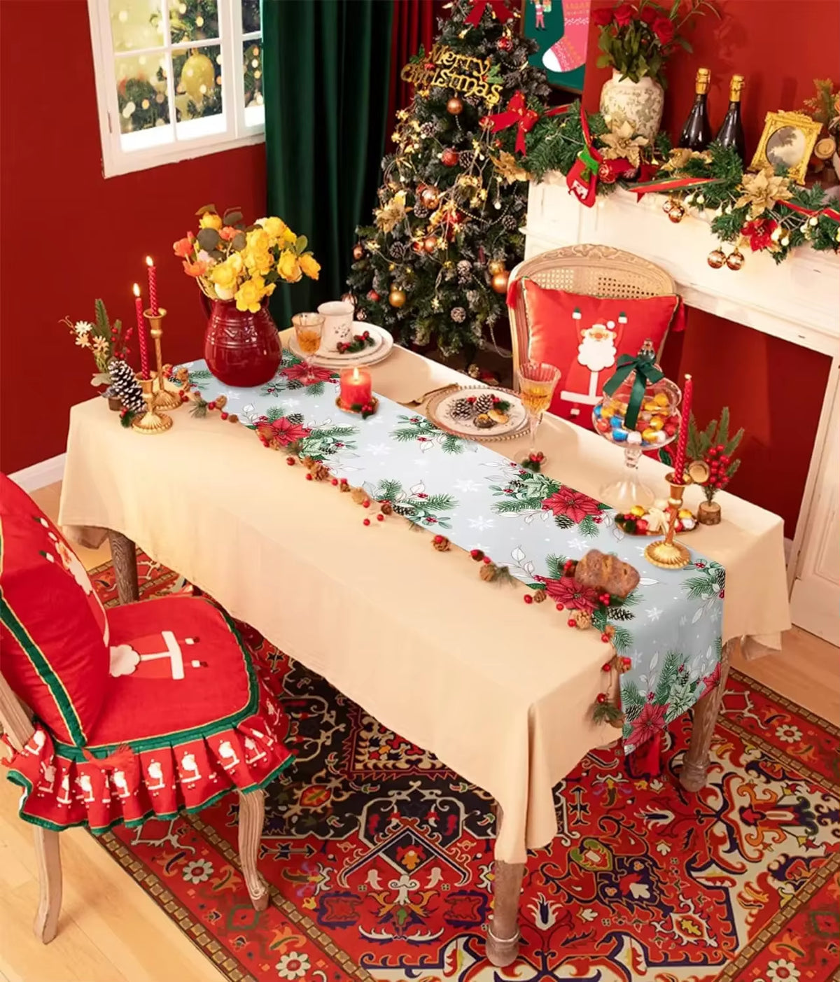 Christmas Poinsettia Linen Table Runners 
