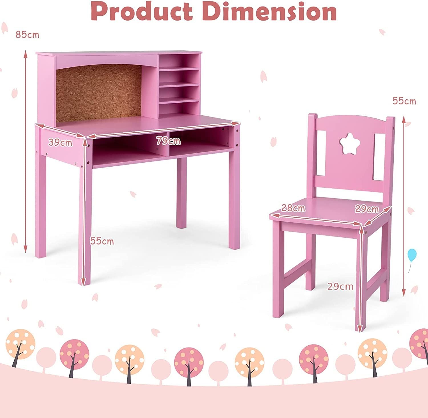 Kids Wooden Desk and Chair Set with Hutch for Study and Reading