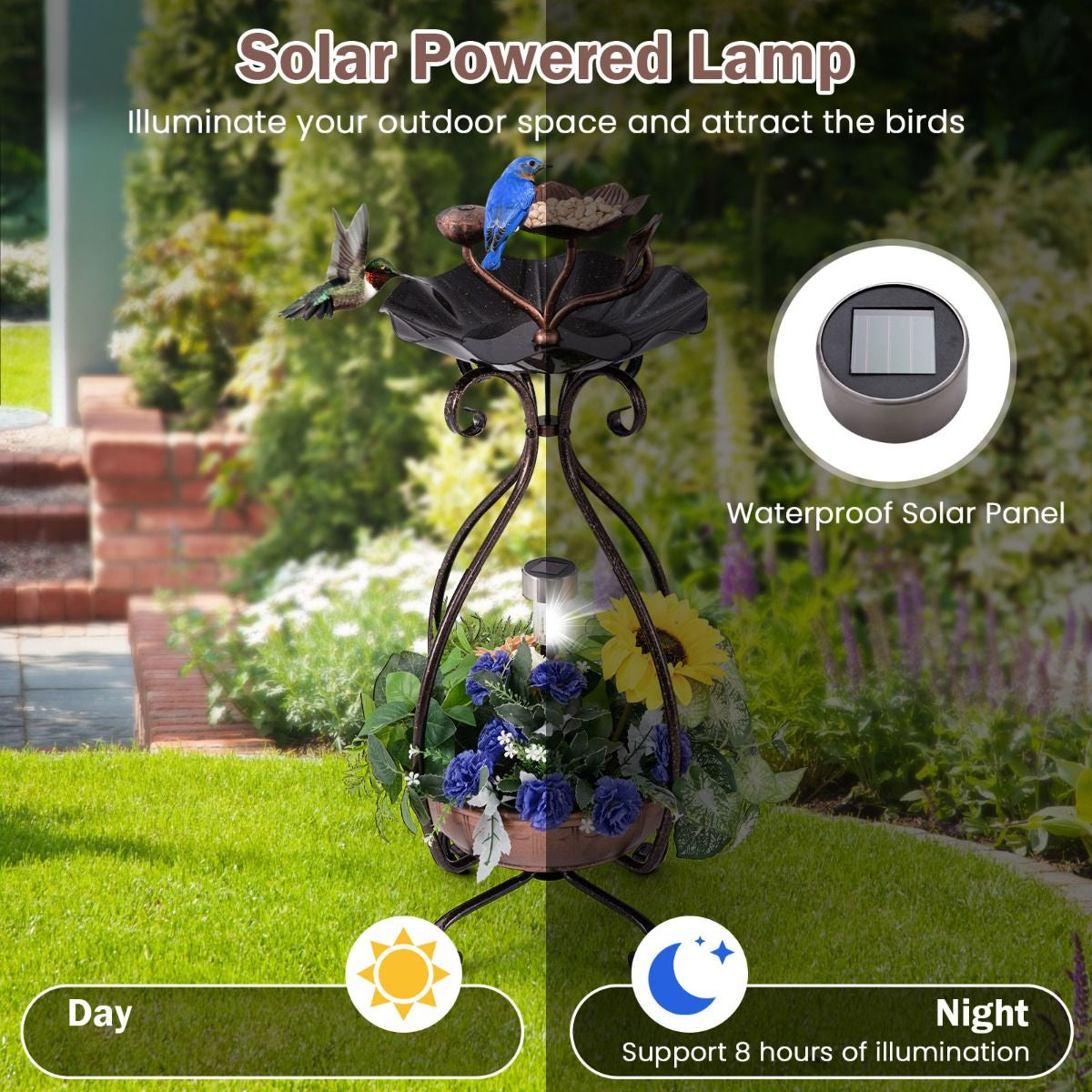 79 cm Solar-Powered Outdoor Bird Bath with Floral Planter Base and Integrated LED Lighting