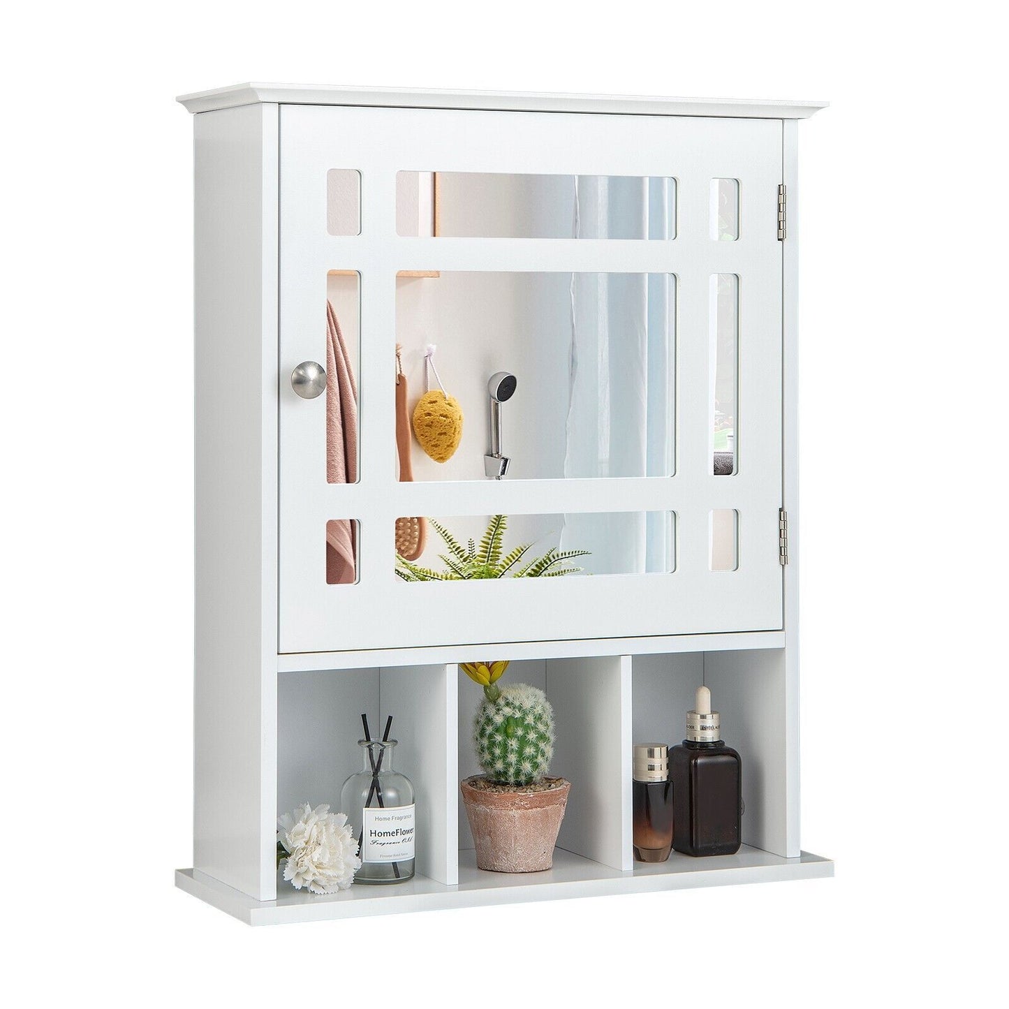 Mirror Door Bathroom Cabinet with Adjustable Shelf and 3 Compartments