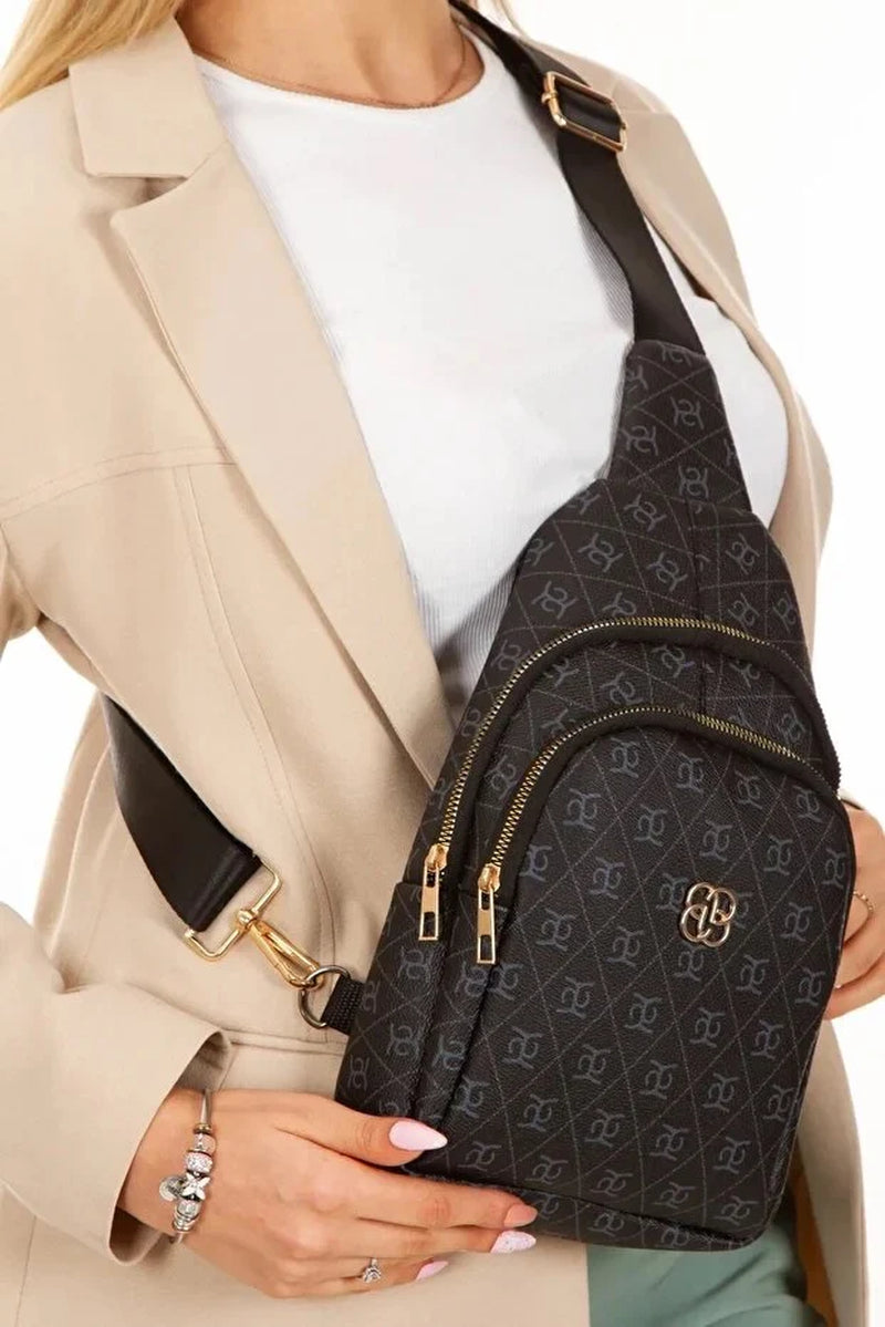 Women Black Leather Monogram Crossbody Belt Chest Shoulder Bag