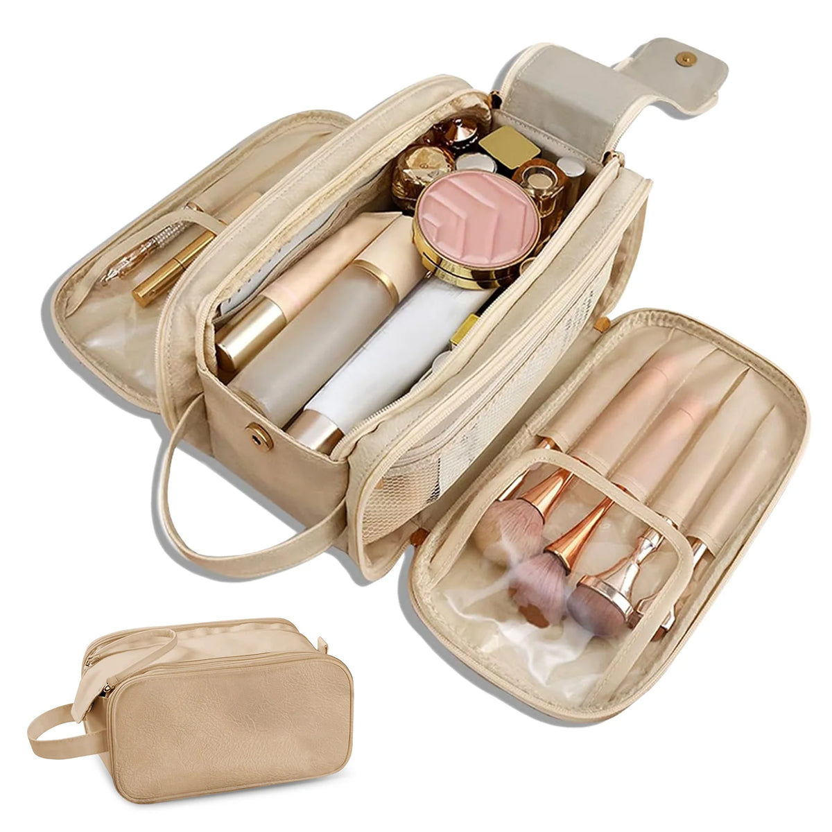 Travel Toiletry Bag for Women Men - Large Travel Toiletry Organizer Makeup Bag, Hanging Cosmetic Bag Kit - Leather