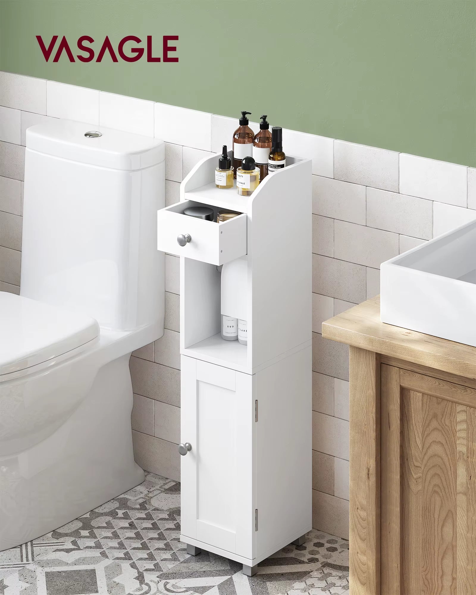 Compact Bathroom Storage Cabinet with Toilet Paper Holder - Stylish Organizer for Small Spaces