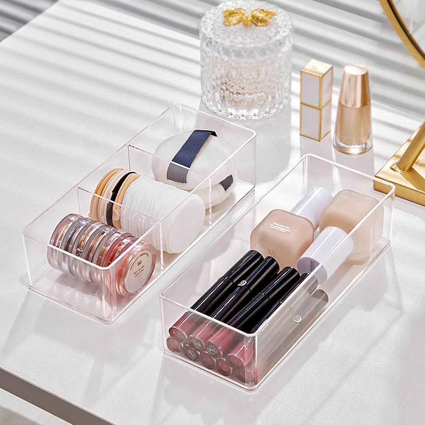 Set of 2 Acrylic Makeup Drawer Organizers with 3-Compartment and 1-Compartment Design, Stackable Clear Cosmetic Storage for Eyeshadow, Lipstick, and Other Makeup Essentials