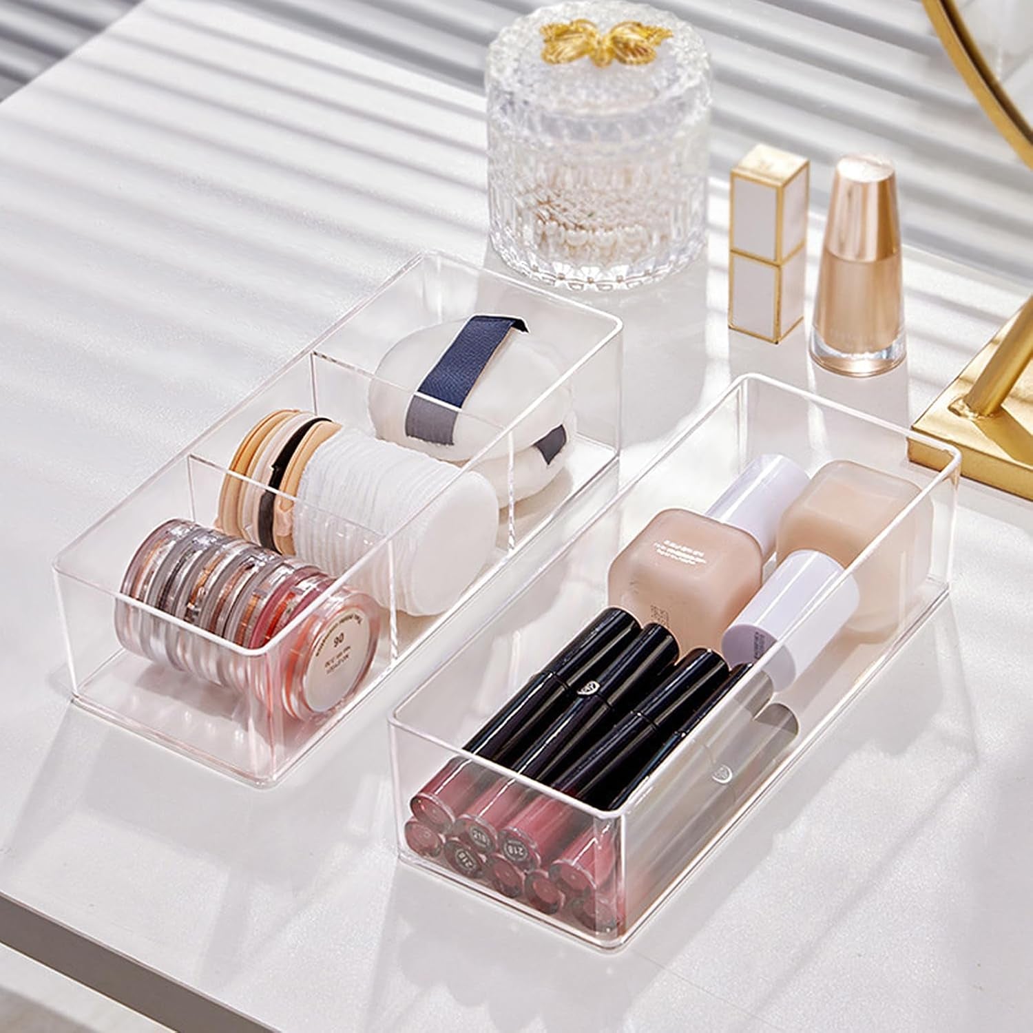 Set of 2 Acrylic Makeup Drawer Organizers with 3-Compartment and 1-Compartment Design, Stackable Clear Cosmetic Storage for Eyeshadow, Lipstick, and Other Makeup Essentials