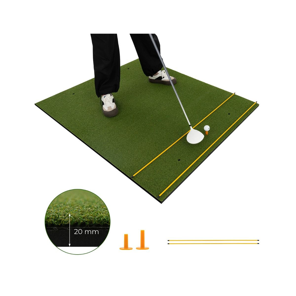 20mm Golf Hitting Mat with 2 Rubber Tees and 2 Alignment Sticks