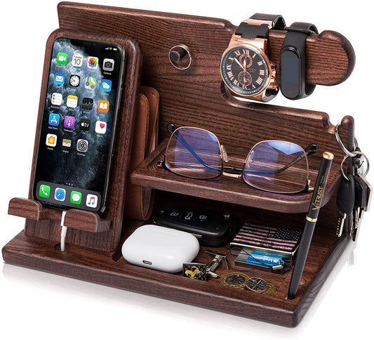 Gifts for Men Wood Phone Docking Station Desk Organizer Fathers Gifts Gifts for Him Xmas Gift Anniversary Birthday Presents Nightstand Key Wallet Stand for Men, Boyfriend, Dad (Brown)