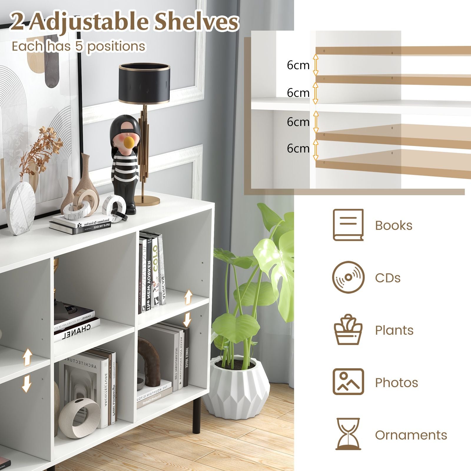 6-Cube Storage Bookcase Wooden Open Bookshelf with 5 Metal Legs
