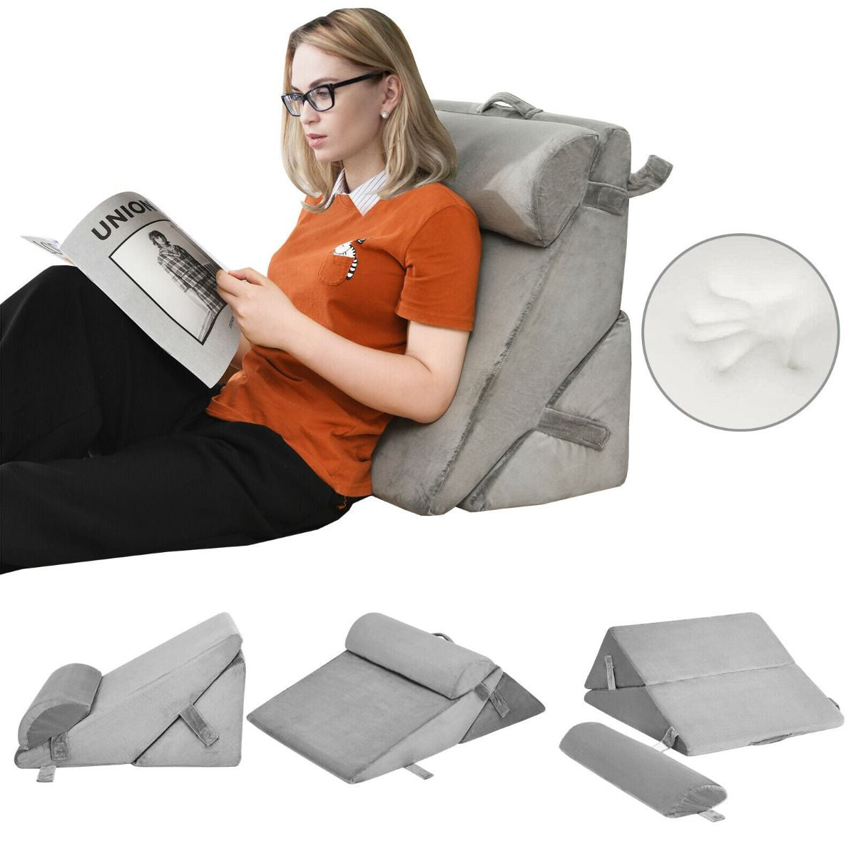 Elevated Bed Wedge Pillow with Headrest and Removable Washable Cover for Reading Comfort