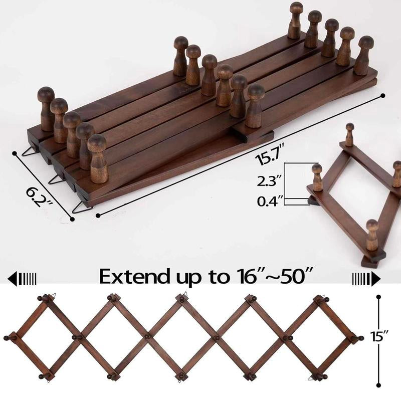 Expandable Accordion Peg Rack with 16 Hooks - Versatile Wooden Organizer for Hats, Coats, Tools & More - Space-Saving Storage Solution for Home, Garage & Entryway (Brown)