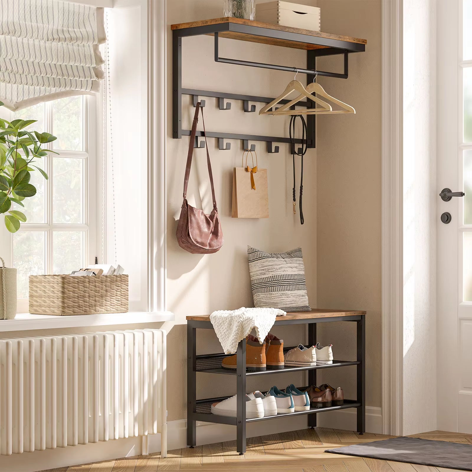 Coat Rack Wall-Mounted, Coat Hook with 10 Hooks and Shelf Hanging Rail, for Entryway, Bathroom, Living Room, Laundry Room