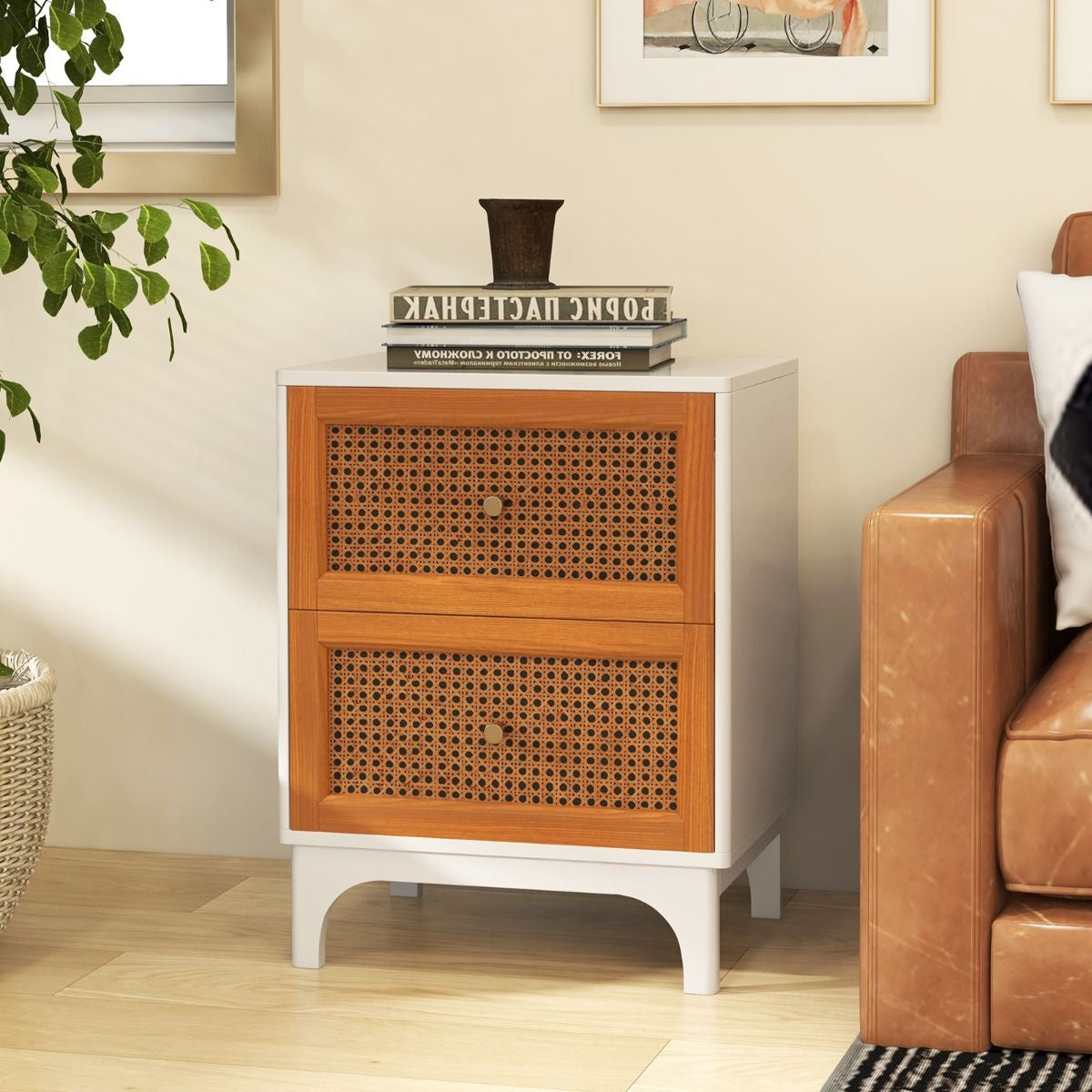 Bohemian Accent Table Featuring Two Handwoven Rattan-Decorated Drawers