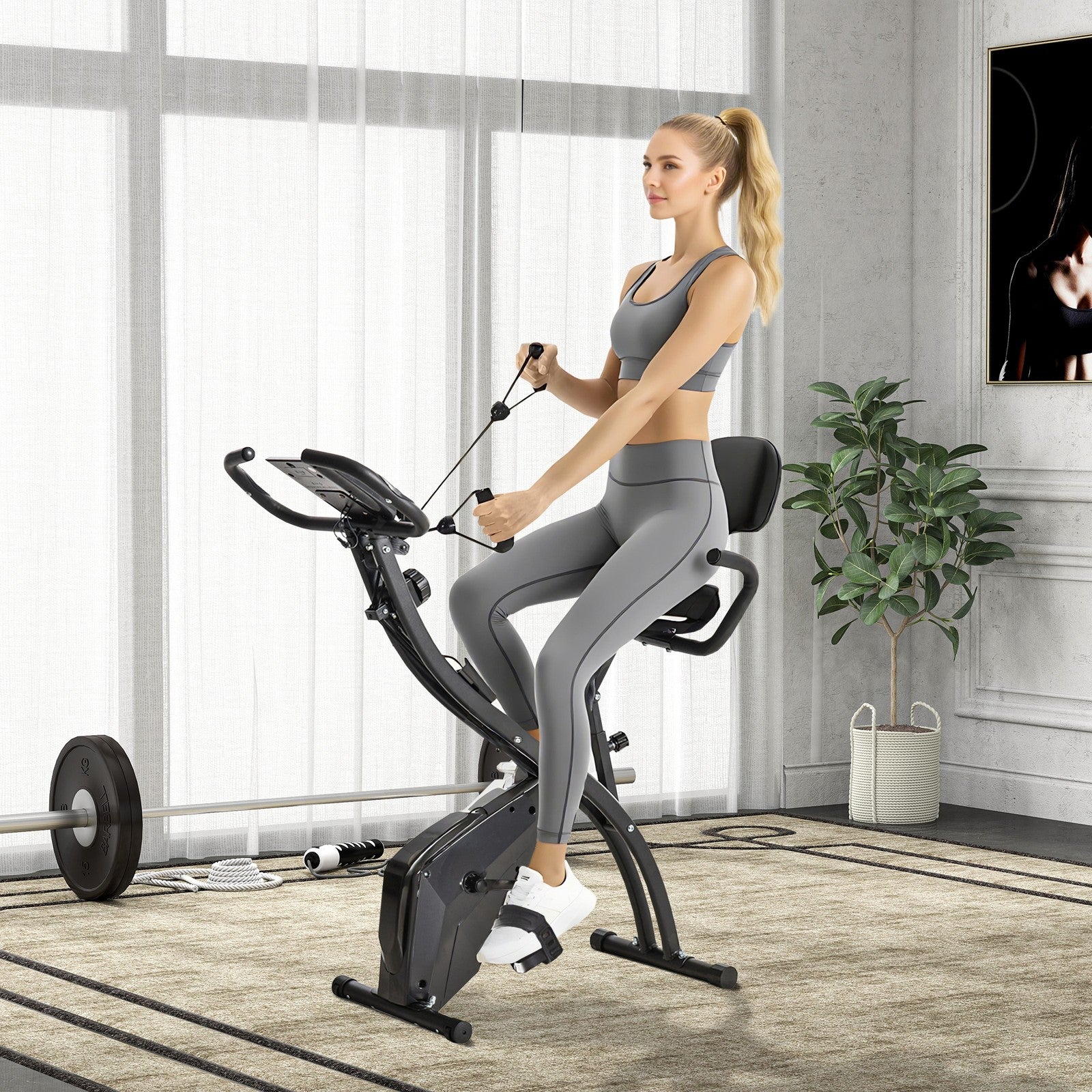2-In-1 Folding Exercise Bike Upright Cycling Machine with Resistant Band Black