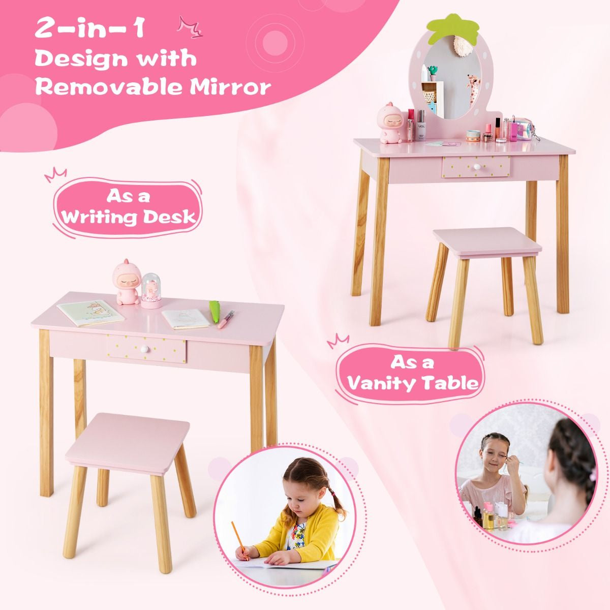 Enchanting Toddler Girls' Dressing Table with Mirror & Stylish Storage Drawer