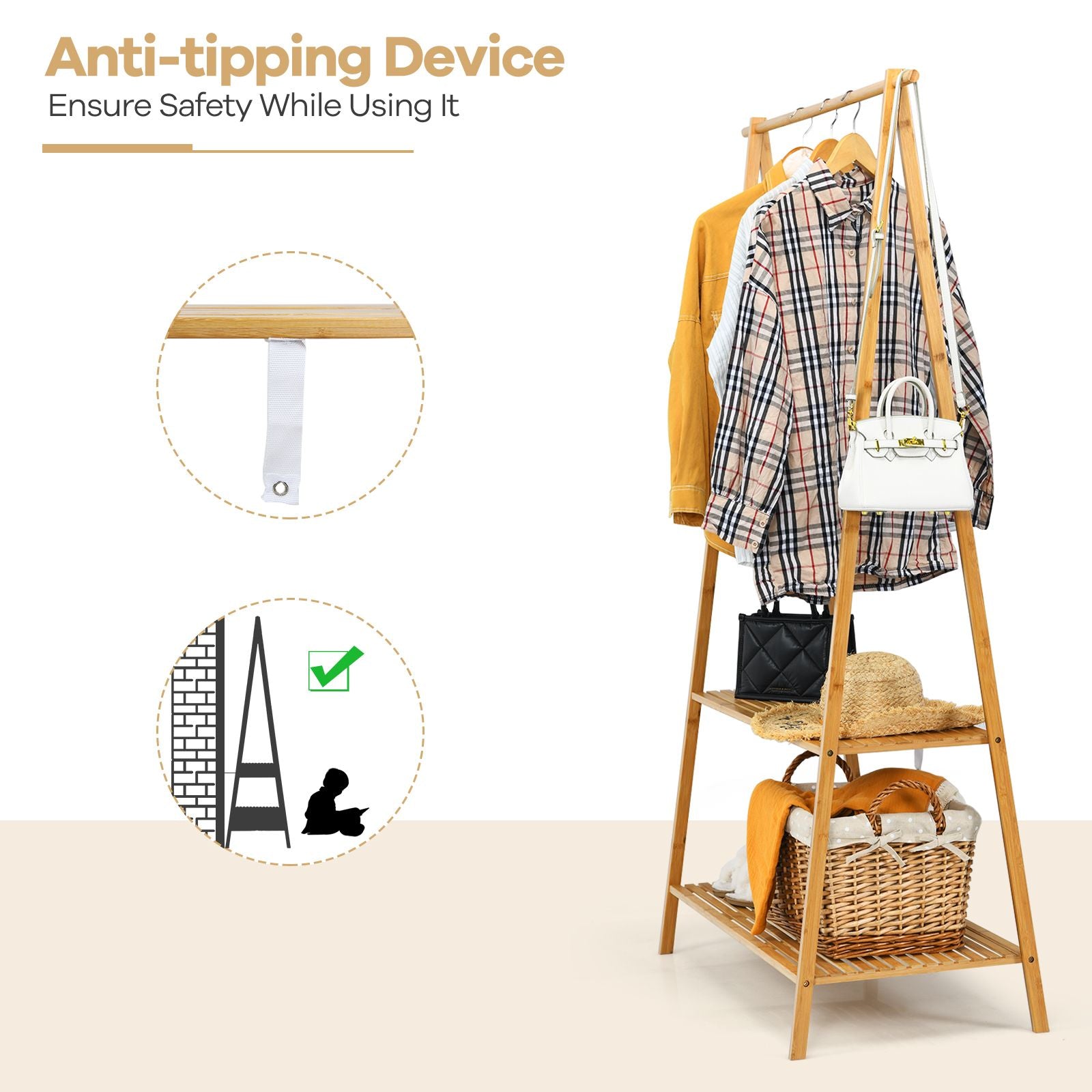 Bamboo Clothing Rack with Hanging Rod, Two Shelves, and Hooks