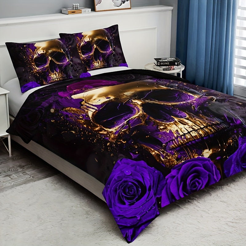 3pcs Soft Purple Rose Skull Pattern Breathable Duvet Cover Set for Bedroom, Guest Room, and Dorm Decor - Includes 1 Duvet Cover and 2 Pillowcases (Core Not Included) For Halloween