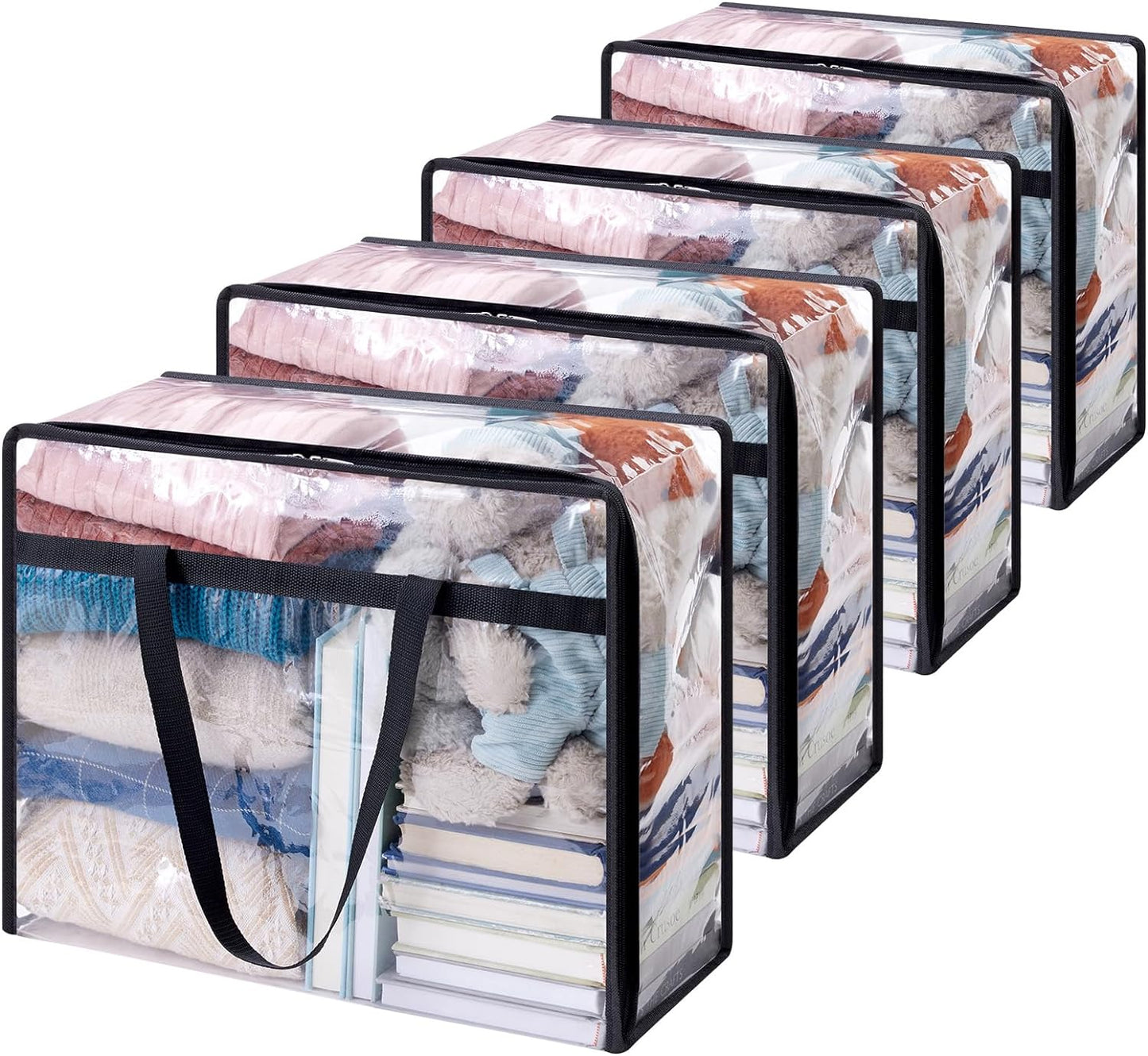 4 Pack Clear Plastic Storage Bags, 40L Foldable Clothes Storage Boxes Wardrobe