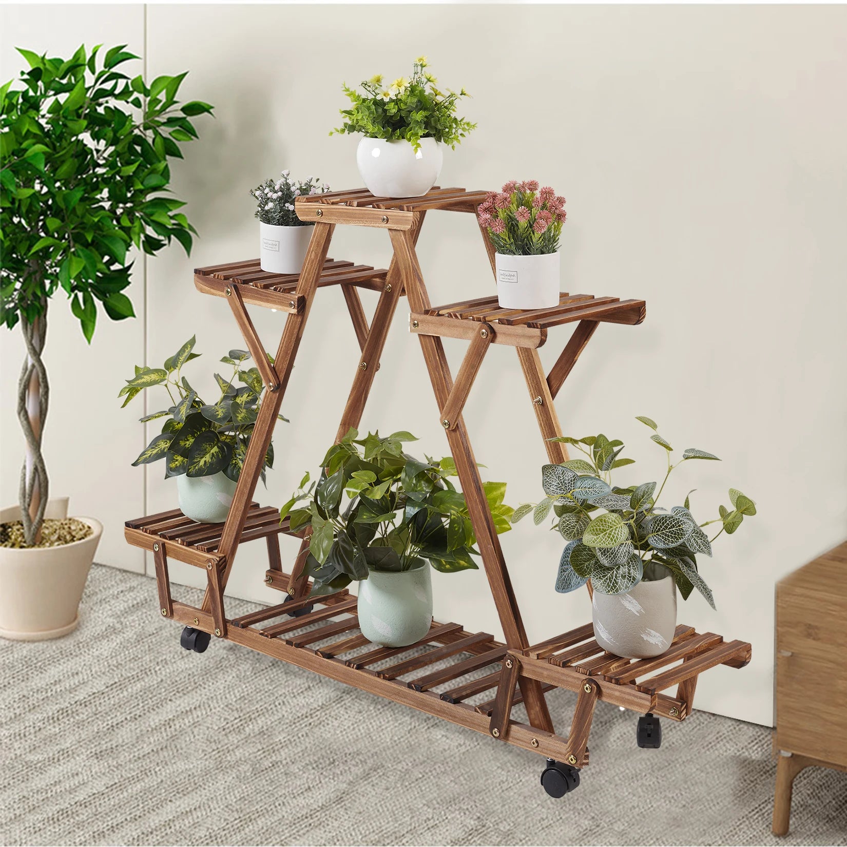 Triangular Plant Shelf 6 Potted Carbonized Wood Plant Holder Flower Pot Stand