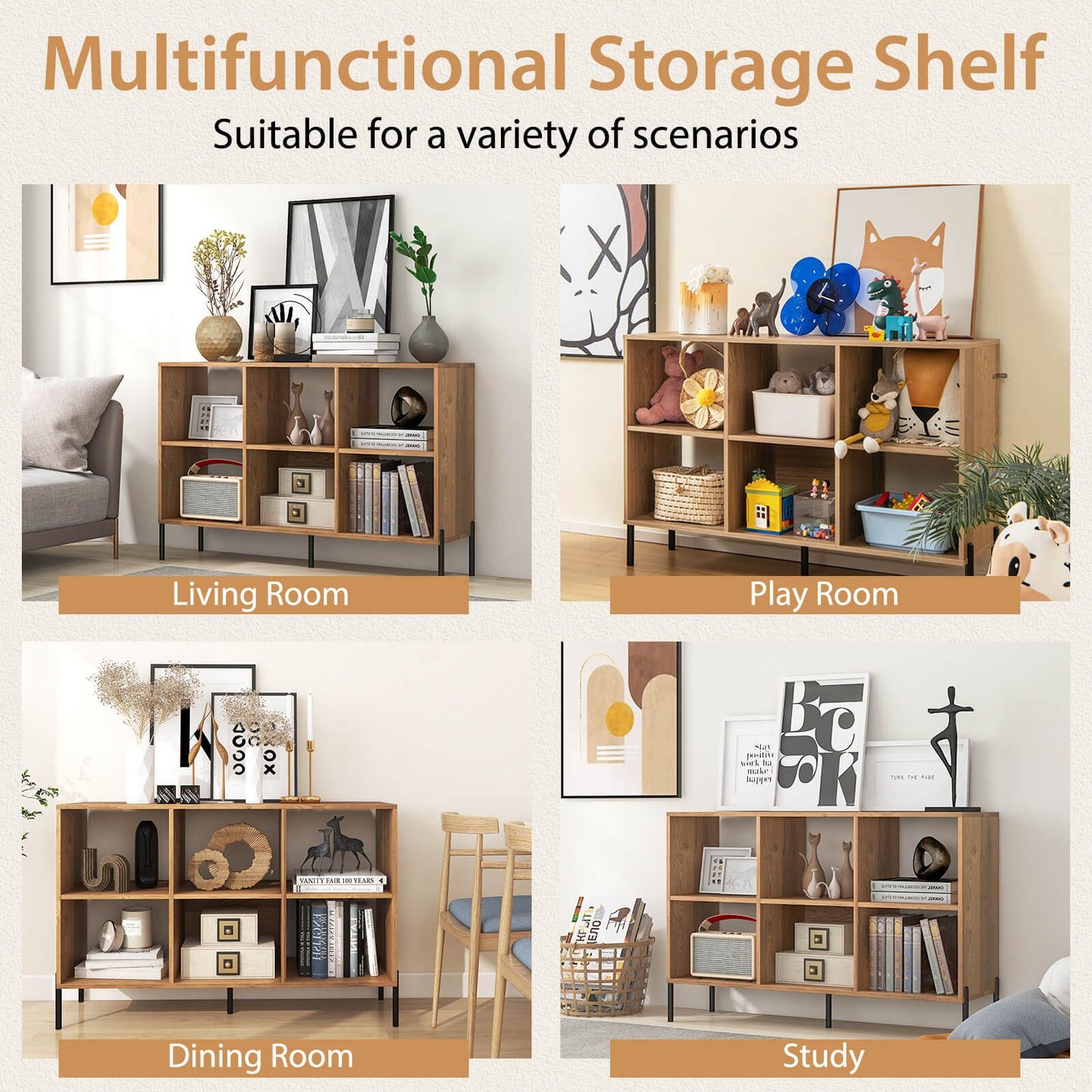 6-Cube Storage Bookcase Wooden Open Bookshelf with 5 Metal Legs