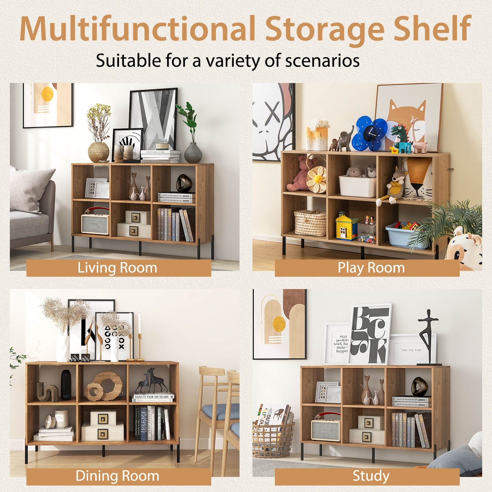 6-Cube Storage Bookcase Wooden Open Bookshelf with 5 Metal Legs