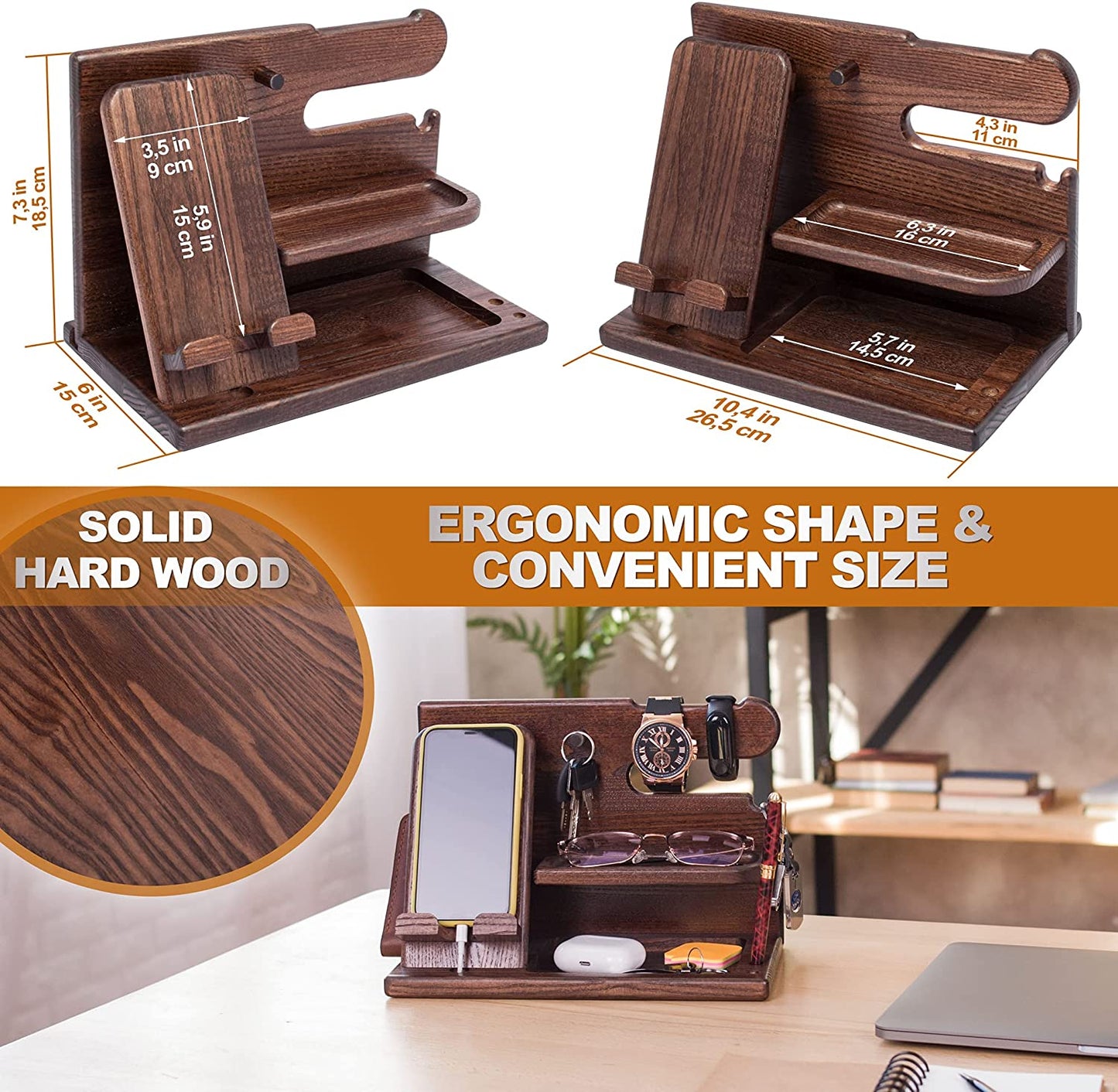 Gifts for Men Wood Phone Docking Station Desk Organizer Fathers Gifts Gifts for Him Xmas Gift Anniversary Birthday Presents Nightstand Key Wallet Stand for Men, Boyfriend, Dad (Brown)