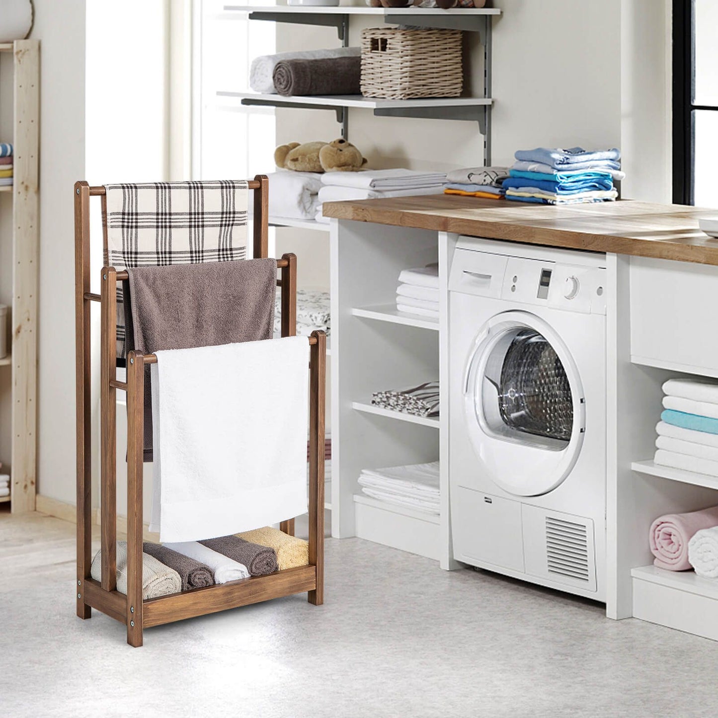 Freestanding Wood Towel Rack with 3 Individual Bars and Bottom Storage Shelf