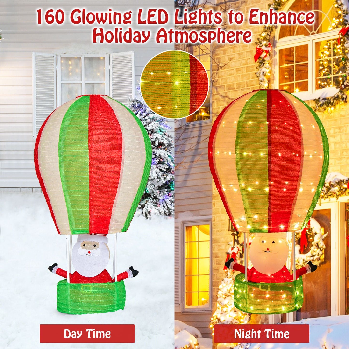 Illuminated Santa Claus in Hot Air Balloon with LED Lighting and Pop-Up Feature