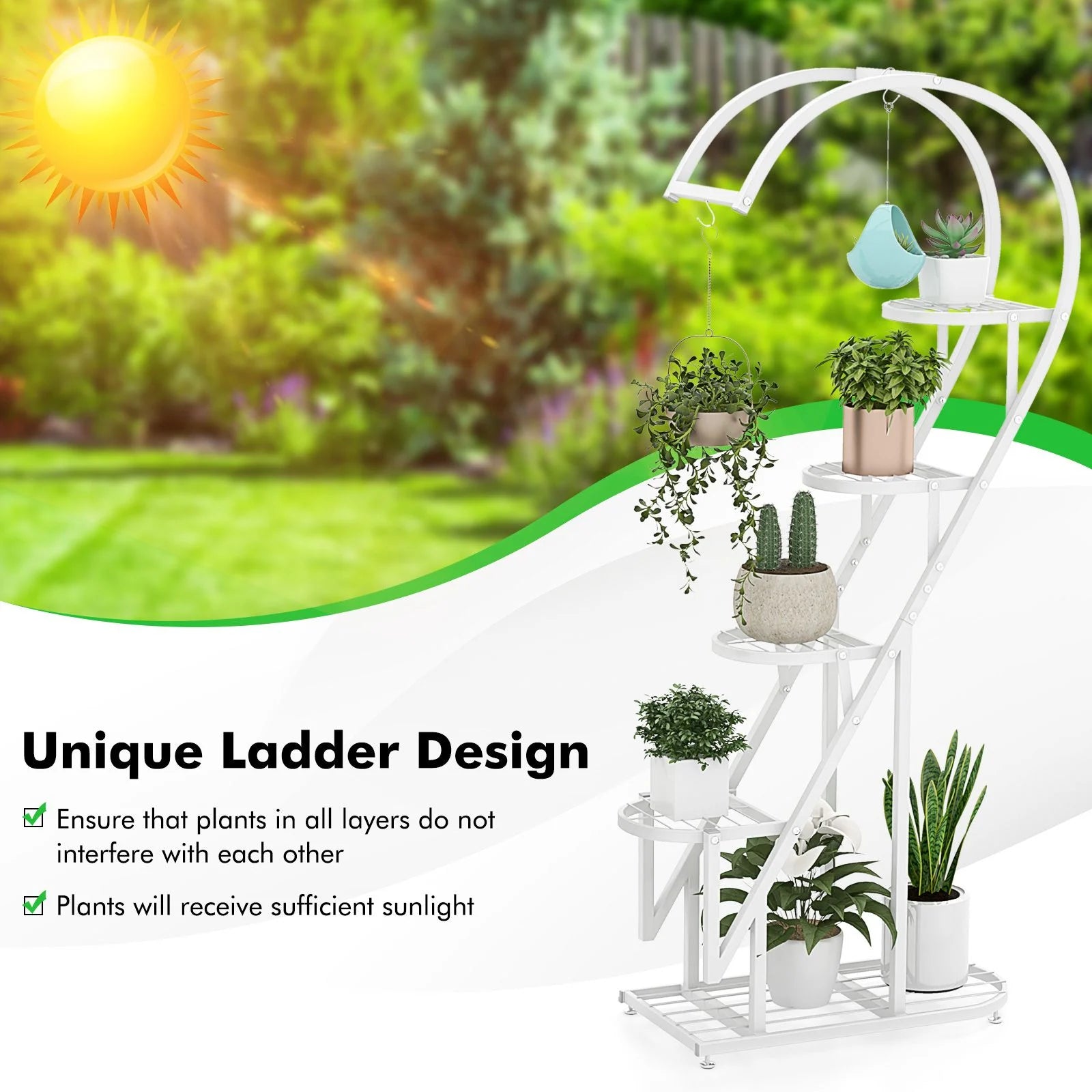 5-Tier Metal Heart-Shaped Plant Stand with Integrated Hanging Hooks