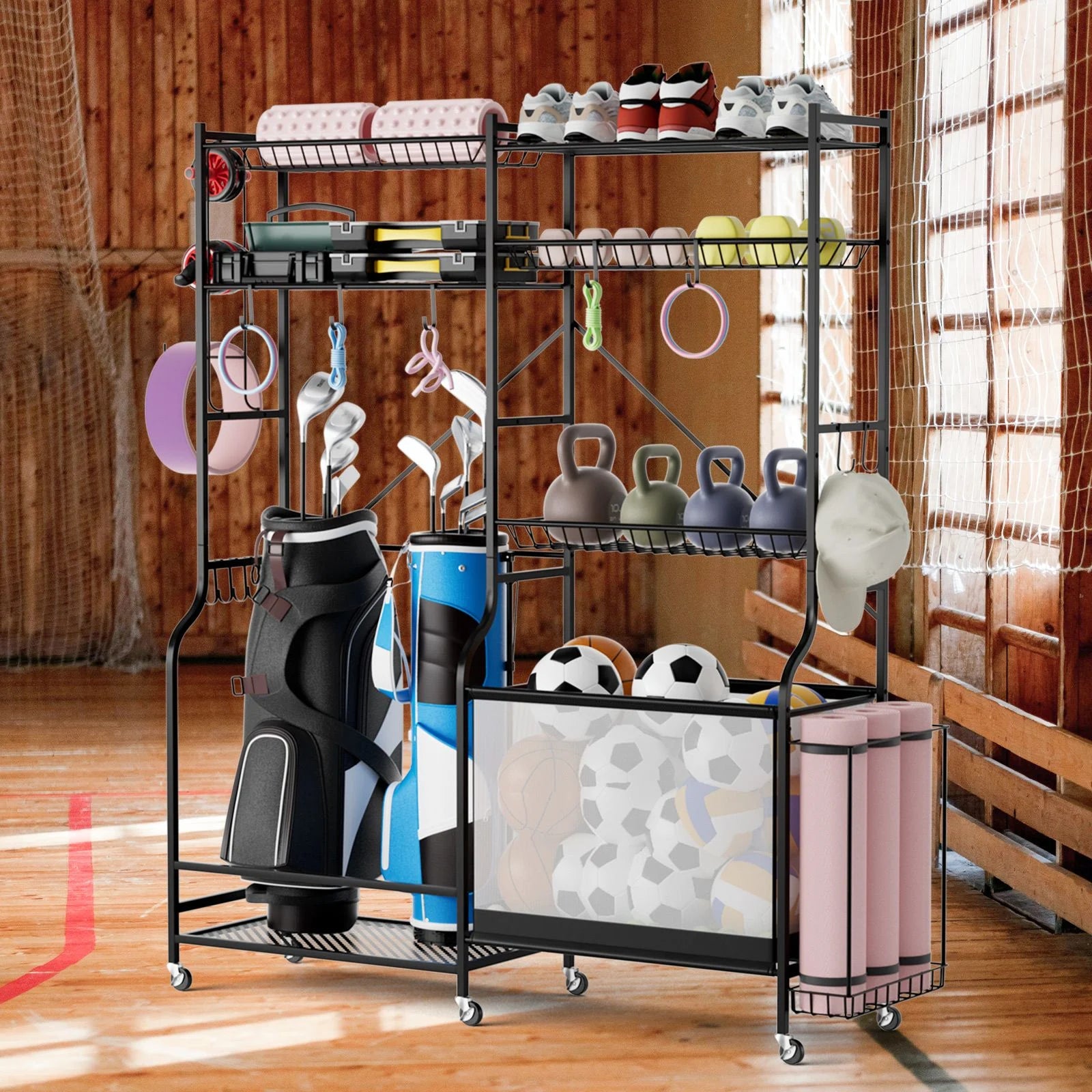 Metal Sports Equipment Organizer with Adjustable Shelving for Ball Storage