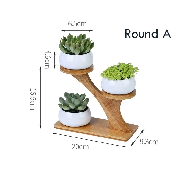Charming Ceramic Owl Garden Pots Set with 3-Tier Bamboo Shelf - Perfect for Succulents and Bonsai Plants