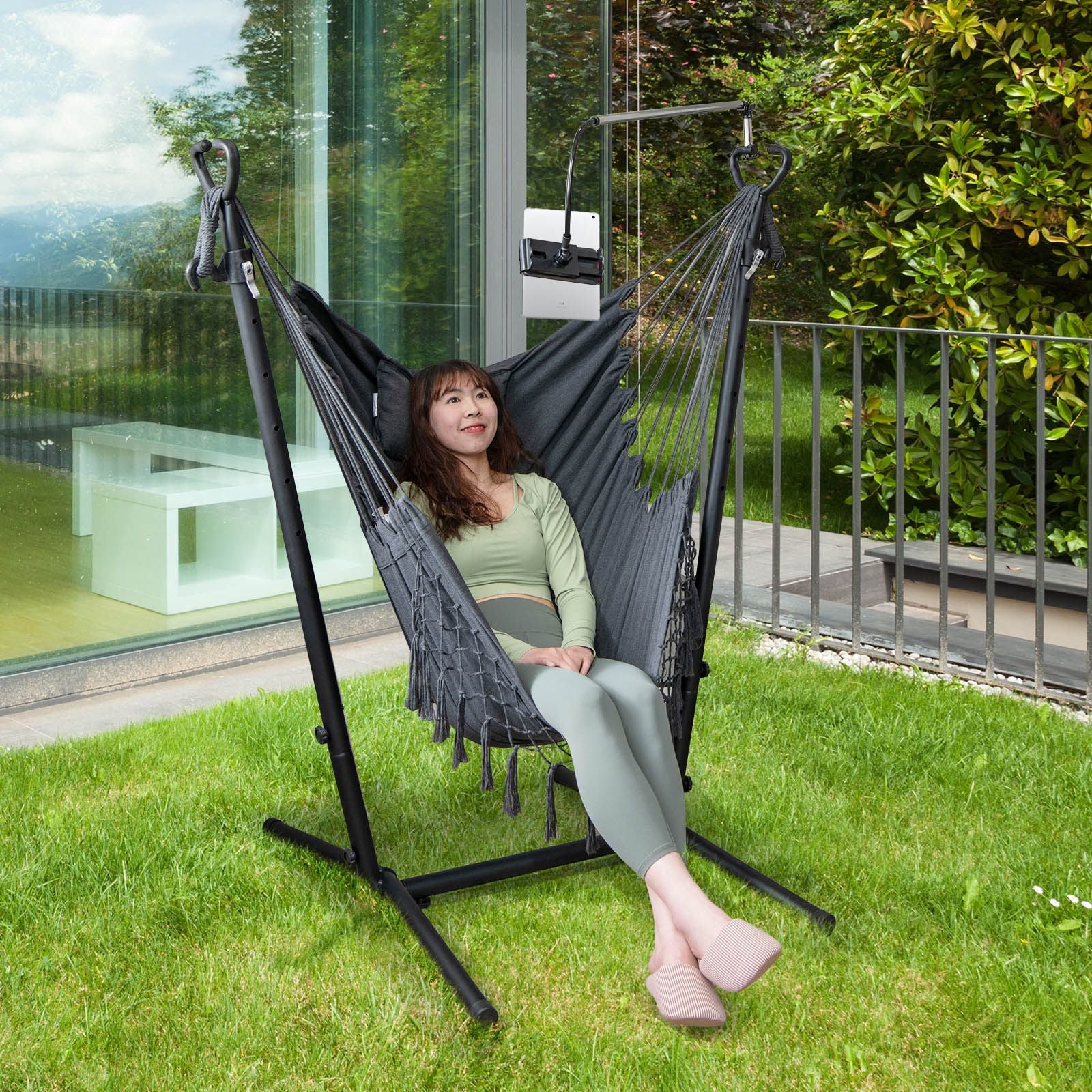 Hammock Chair with Stand and Integrated Phone Holder