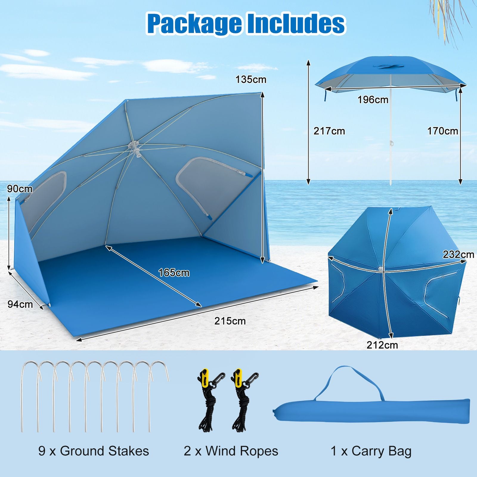 Convertible Beach Tent for 2-4 People with Roll-Up Windows