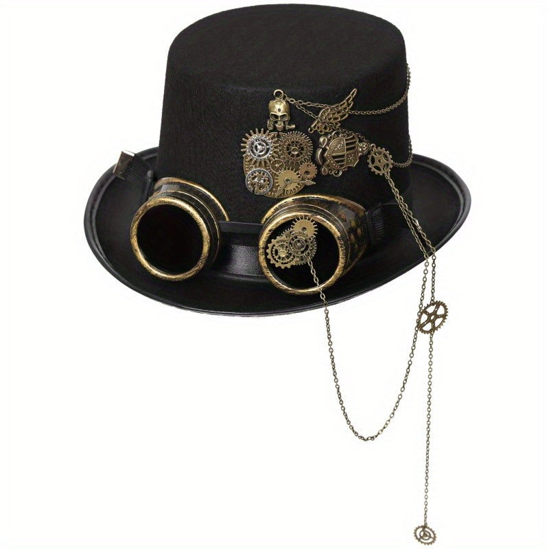 Heavy Metal Chain Teeth Skull Steampunk Hat with Detachable Goggles - Adjustable Unisex Gothic Victorian Accessory for Halloween, Cosplay & Role Play (22.83-23.23inch, Lightweight)