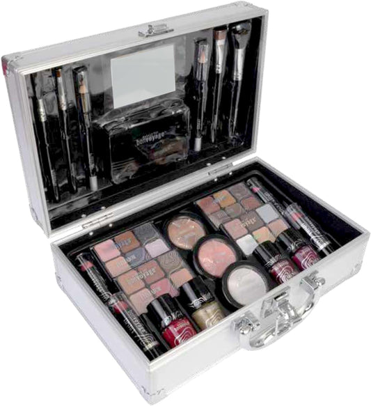Professional Makeup Kit: Lipsticks, Eyeshadows, Blush, Nail Polish, Mirror, and Brushes in a Portable Lightweight Metal Train Case