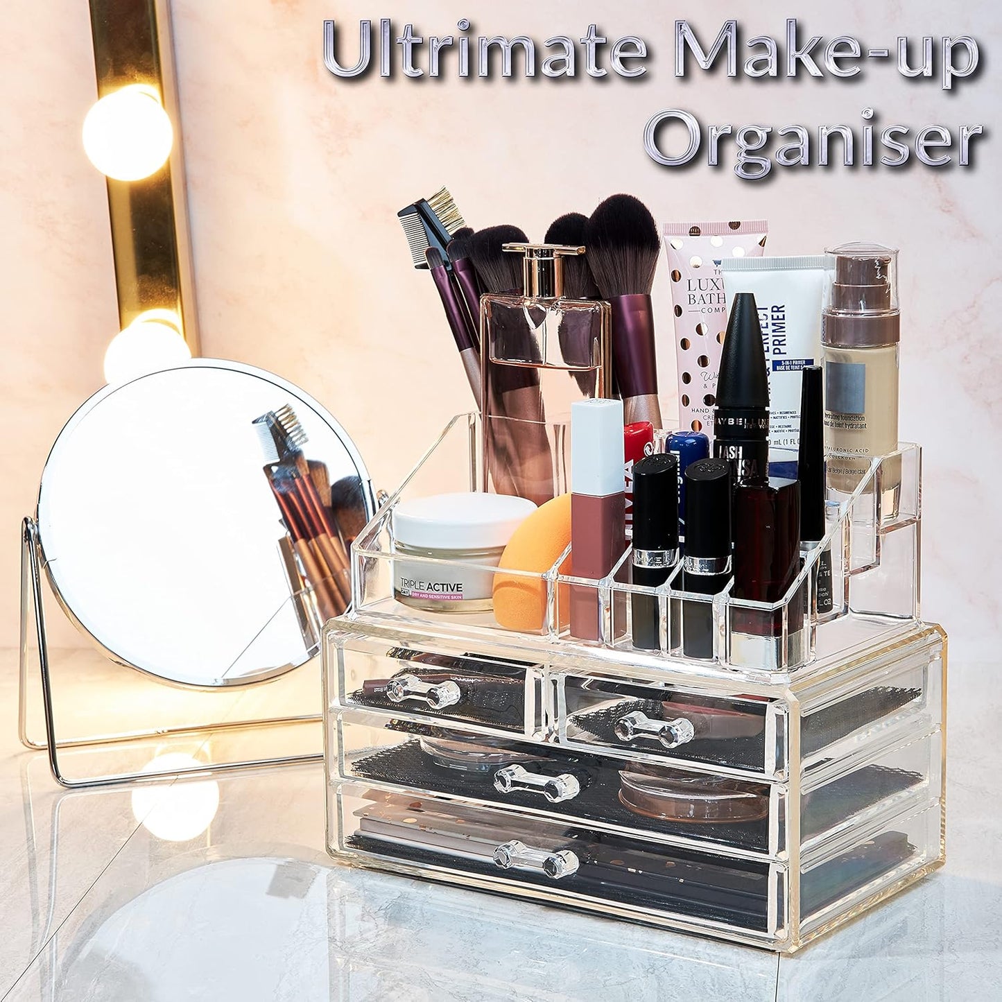 Stylish Acrylic Makeup Organizer - 4-Tier Storage Box with Clear Drawers for Effortless Beauty and Skincare Organization