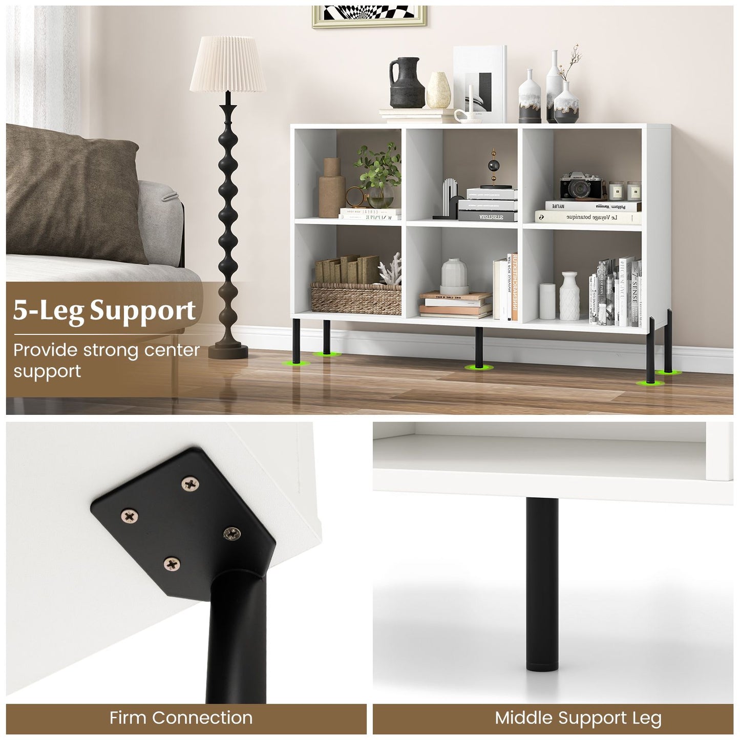 6-Cube Storage Bookcase Wooden Open Bookshelf with 5 Metal Legs