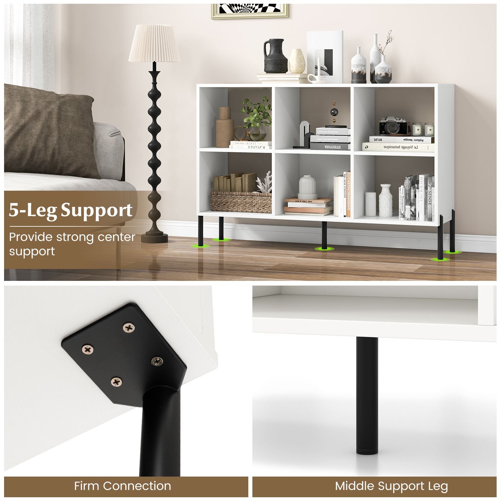 6-Cube Storage Bookcase Wooden Open Bookshelf with 5 Metal Legs