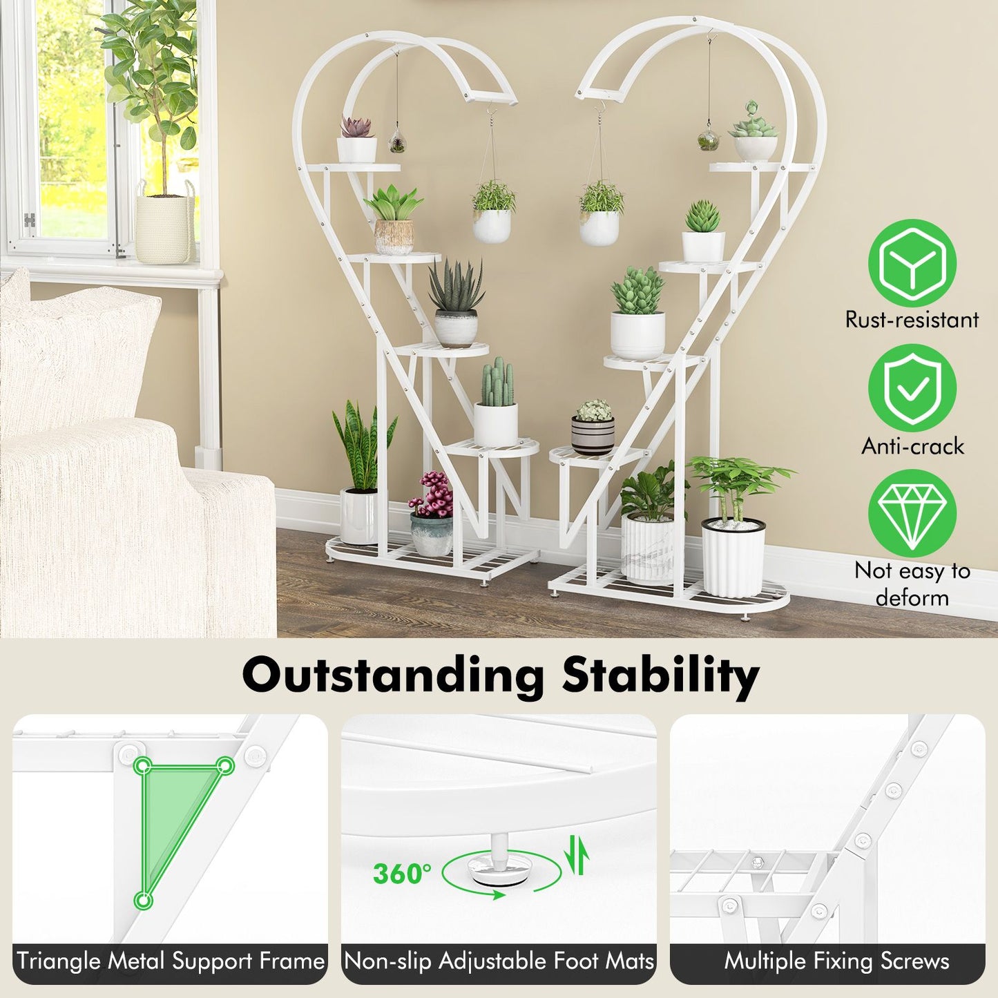5-Tier Metal Heart-Shaped Plant Stand with Integrated Hanging Hooks