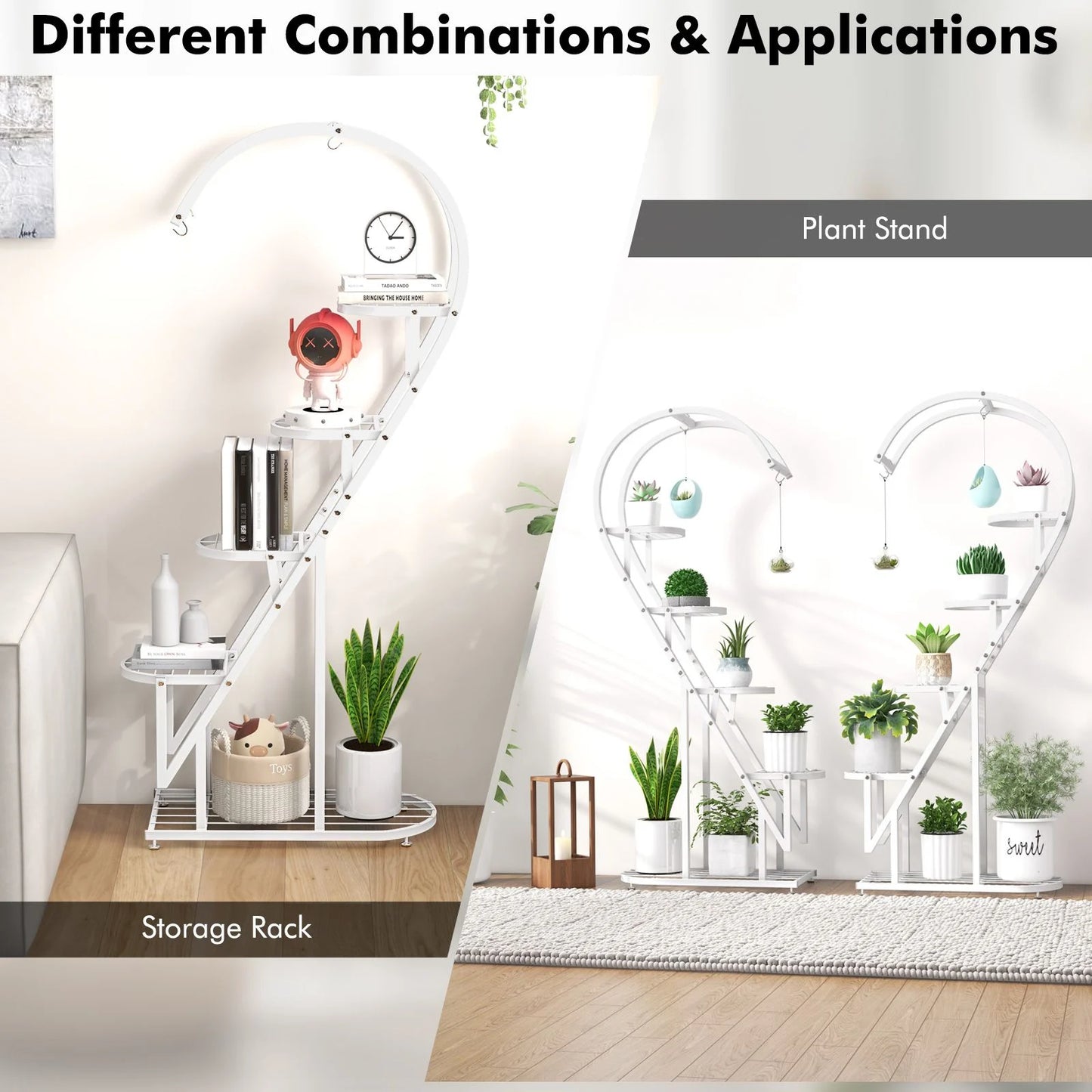5-Tier Metal Heart-Shaped Plant Stand with Integrated Hanging Hooks