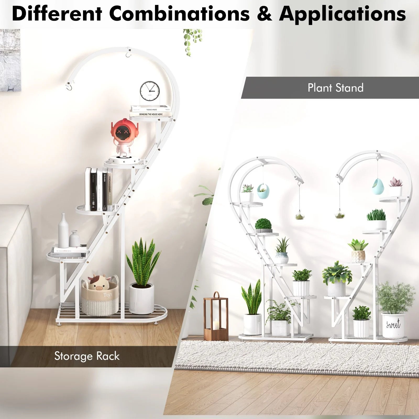 5-Tier Metal Heart-Shaped Plant Stand with Integrated Hanging Hooks