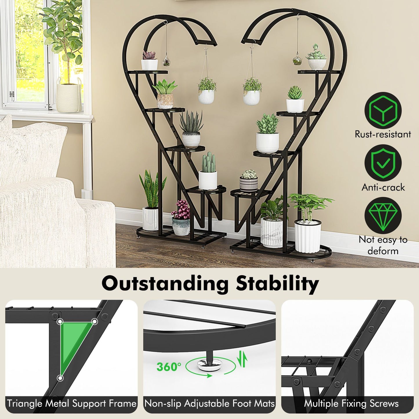 5-Tier Metal Heart-Shaped Plant Stand with Integrated Hanging Hooks