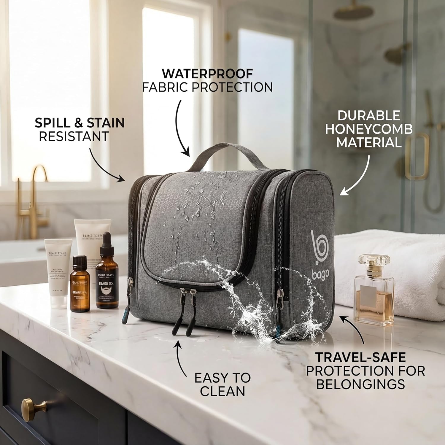 Large Waterproof Hanging Toiletry and Cosmetic Organizer - Travel Essential Accessory for Men and Women (Snowgray)